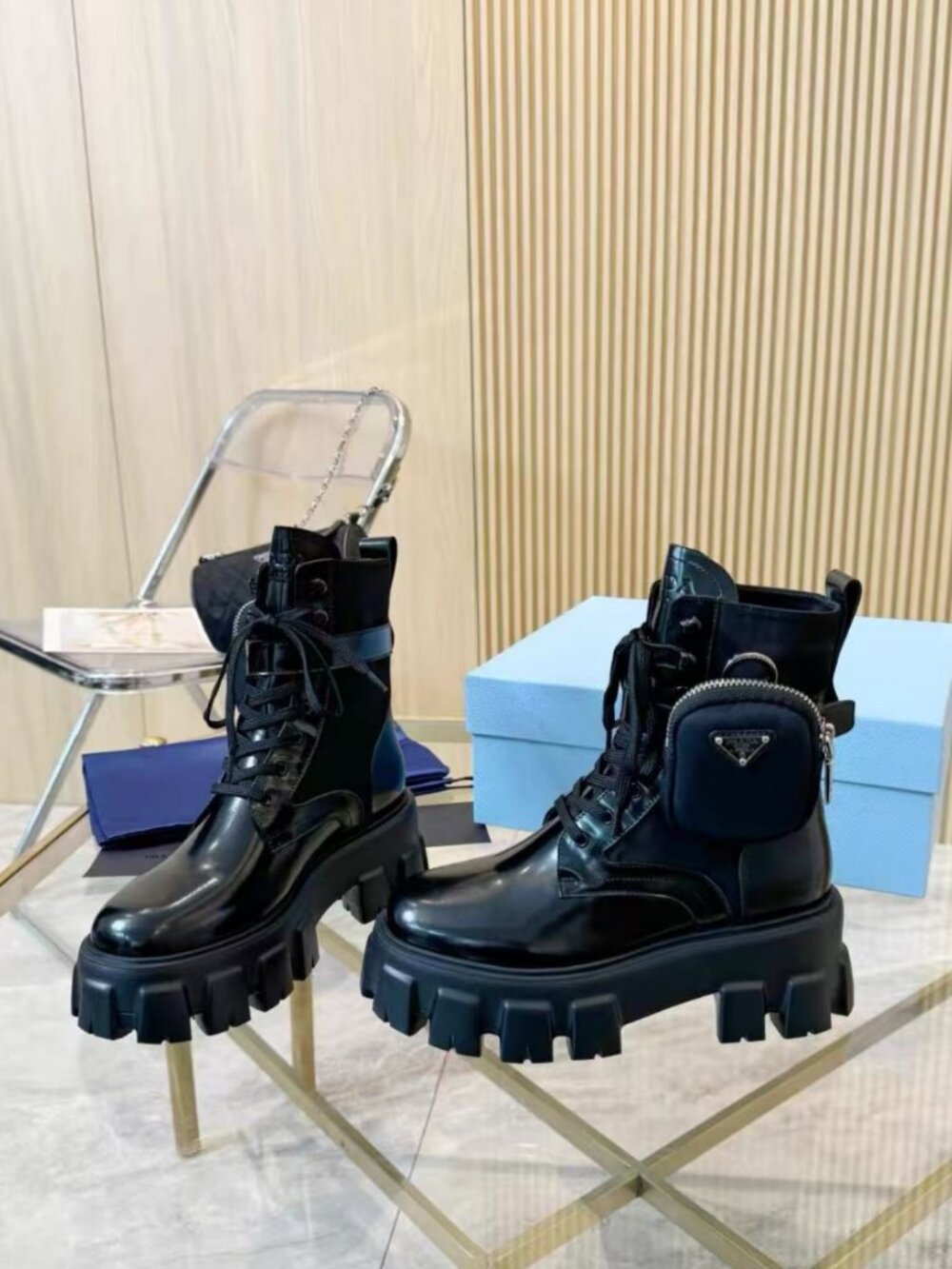 Prada Black Combat Boots with Removable Pouch